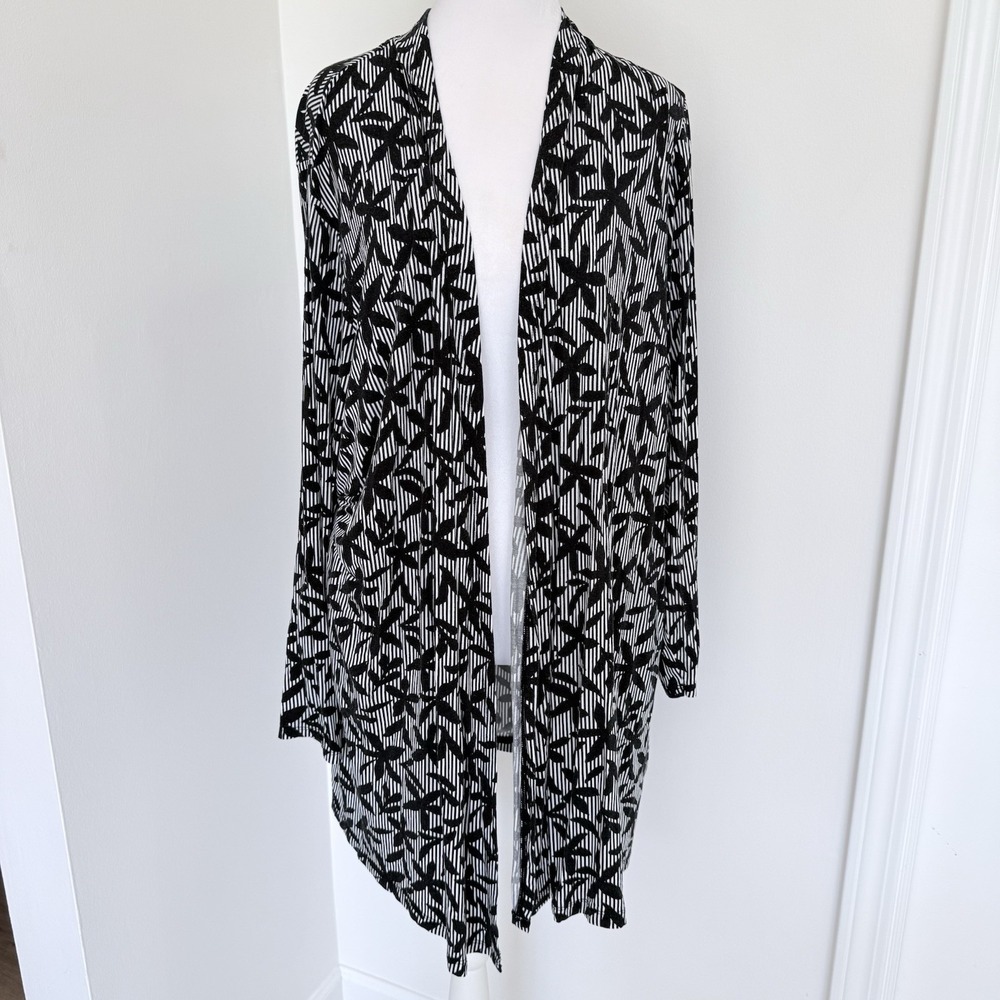 Lands' End 1X Black White Floral Long Cardigan Artsy Lagenlook Boho Lightweight